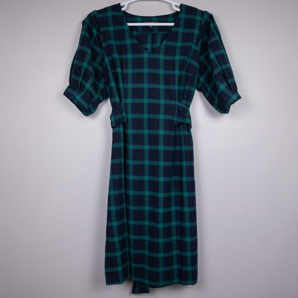 Eloquii green and navy plaid flannel fit and flare dress NWT-14